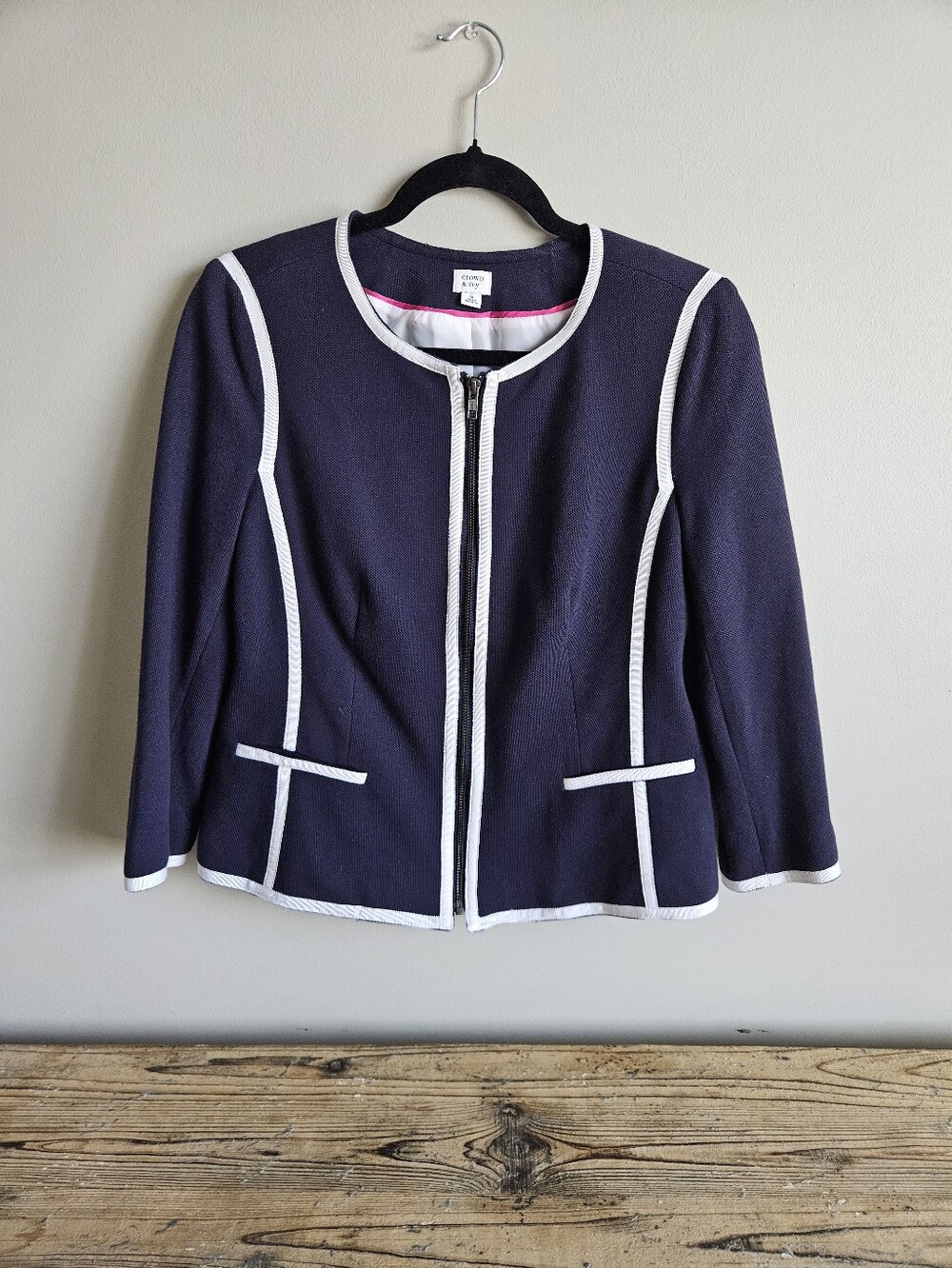 Crown & Ivy Navy White Trim Zip Front Jacket Blazer 100% Cotton M